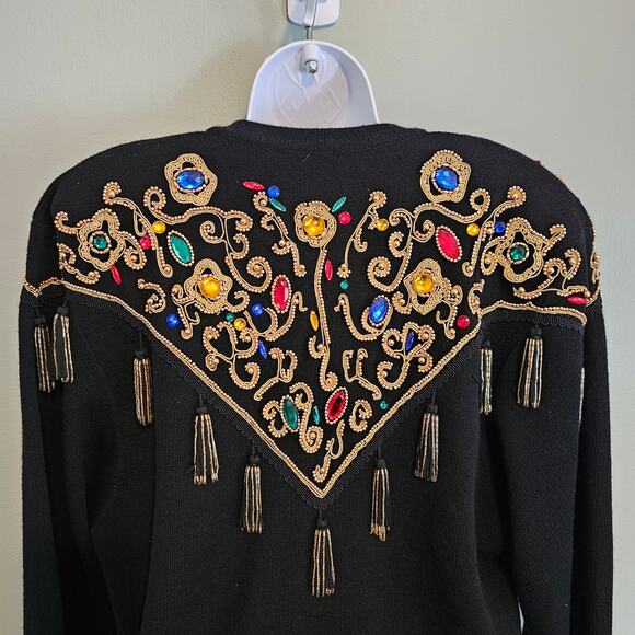 Vintage Diane Freis Jeweled Tasseled Embroidered Black Wool Cardigan Size L/XL - Picture 3 of 10